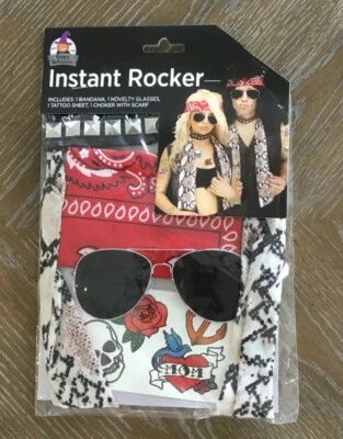 Kit Disfraz Rocker Instantáneo Años 80 Adulto 4 Piezas Gafas Tatuaje Gargantilla Con Bufanda Foto 1 de 3