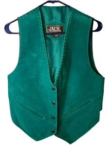 Vintage 1970s MPW Suede Vest Womens Small Teal Green Snaps Deadstock NWT - Picture 1 of 12