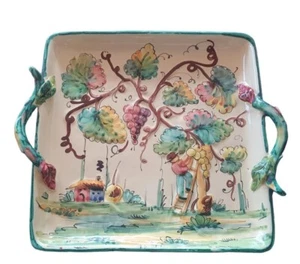 Large Italian Hand Made Pottery Tray  Branch Handles, Grape Harvest Scene 31cm - Picture 1 of 8