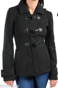 Black Zip/Toggle Front Fleece Jacket/Peacoat/Coat w/Removable Hood S/M/L - Picture 1 of 2