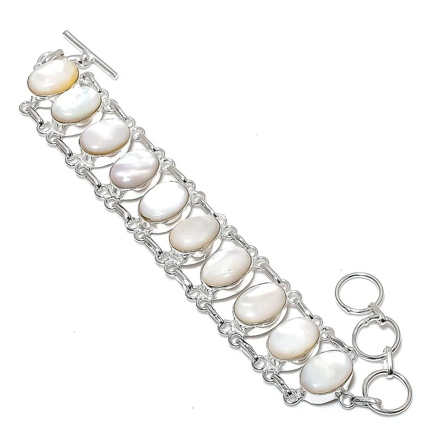 Natural Mother Of Pearl Gemstone 925 Sterling Silver Jewelry Bracelet Size 7-8" - Image 1 of 1