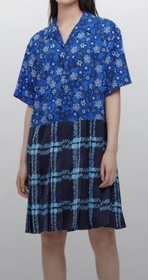 Marni x Uniqlo  Pleated Dress Mixed Media Open Collar Blue Plaid Clueless ,  XS - Image 1 of 4