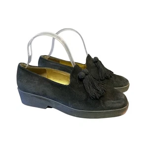 Stuart Weitzman Black Leather Loafer Tassels Size 7 Slip On Suede Shoe Pumps - Picture 1 of 11