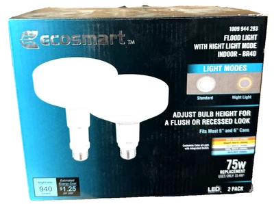 Ecosmart 75 Watt Replacement BR40 Flood Light Night Light Mode 2-Pack. NIB - Image 1 of 3