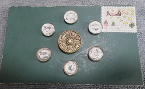 7 Vintage Antique Glass & Metal Picture Buttons Signs of Zodiac - Picture 1 of 3