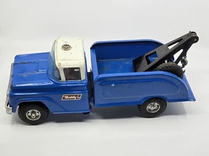 Vintage Buddy L Wrecker Tow Truck Fix My Flat Tire Pressed Steel Blue w Tires - Picture 1 of 19