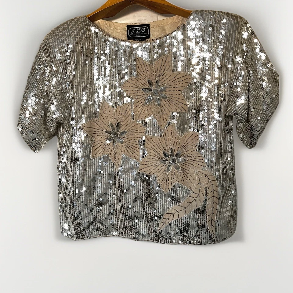 Vintage NWT JLB 80s 90s Silver Sequin Silk Beaded Disco Flapper Blouse Top - L - Image 1 of 4