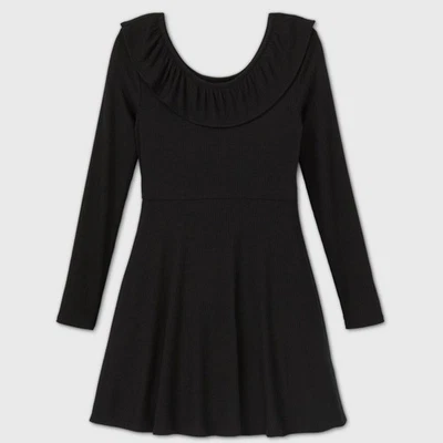 Girls' Rib Ruffle Neck Long Sleeve Dress - Black XXL (18) art class - NEW - Image 1 of 3