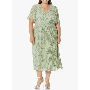 NEW Taylor Women's Size 18W Pleated Smocked Waist Midi Dress Sage Green Floral - Picture 1 of 13