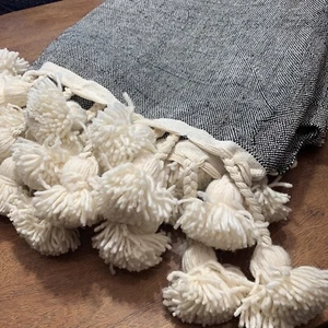 Moroccan Pom Pom Black Cream Wedding Blanket Woven Cotton Wool Tassels 82” *92” - Picture 1 of 24
