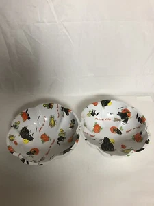 2 Vintage Halloween Trick Or Treat Candy Dish Bowls Black Cat Owl Skull 11" - Picture 1 of 3
