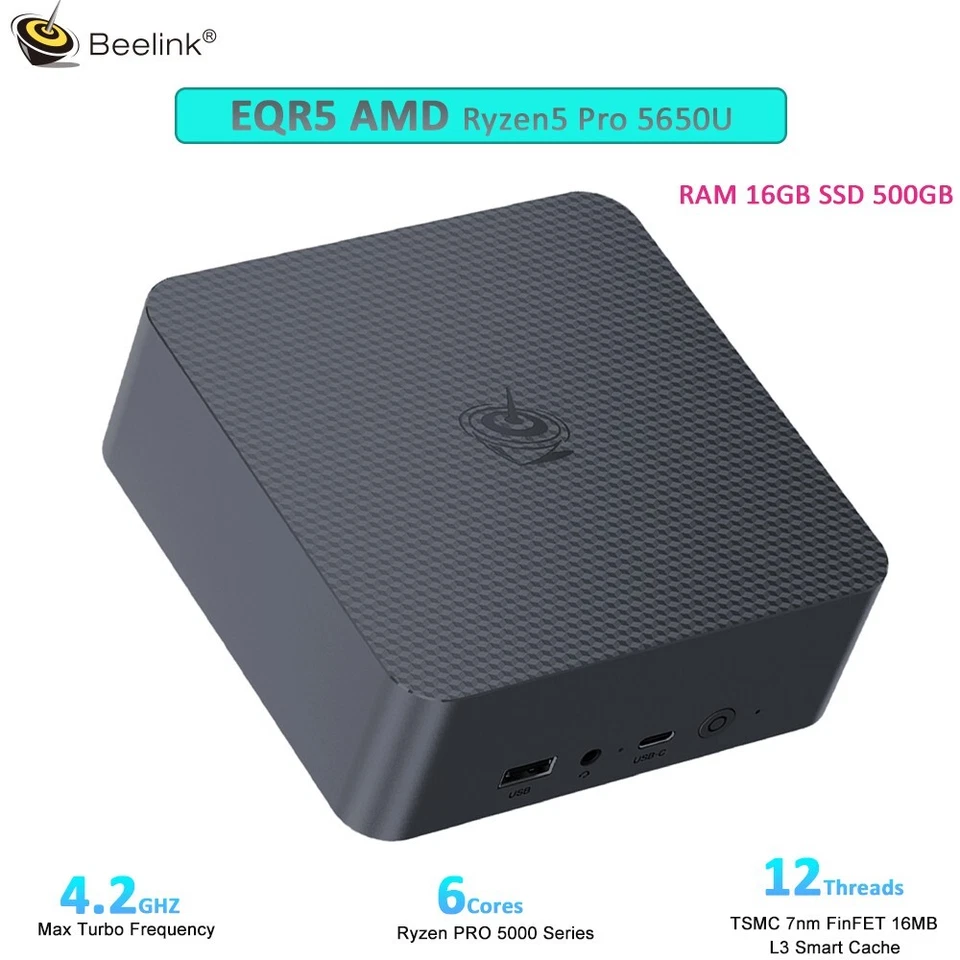 Beelink Mini PC EQR5 AMD Ryzen5 Pro 5650U Destop Computers RAM16GB DDR4 SSD500GB - Image 1 of 4