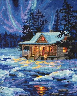 Needlepoint Kit ~ Dimensions Aurora Winter Sky Cabin Snowy Forest #71-20072 - Image 1 of 4