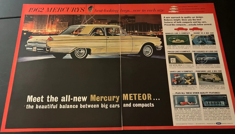 Yellow 1962 Mercury Meteor - Vintage Original Print Ad / Wall Art - CLEAN - Image 1 of 4