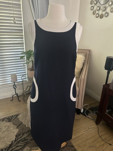 Abito senza maniche Tory Burch blu navy misto lana finiture in avorio e tasche circolari taglia 6