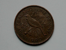 New Zealand 1960 ONE PENNY (1d) Coin with Tui Bird & Queen Elizabeth II