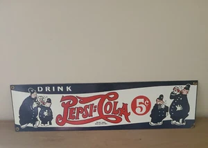 Vintage 90's PEPSI COLA Porcelain Enamel Advertising Sign 18" x 4 3/4" - Picture 1 of 7