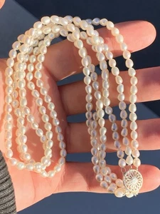 Silver Cultured Pearl Oriental Three Strand Necklace, 925 Heavy 35.2g - Picture 1 of 8