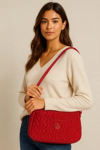 Vera Bradley Vintage Quilted Shoulder Bag Red Microfiber Purse Logo Stitching - Picture 1 of 11