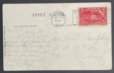 Toledo, Ohio Post Card posted Aug 14, 1913 to Cleveland, OH w/U.S. #Q1 tied - OH - Image 1 of 3