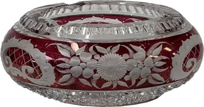 Vintage Bohemian Ruby Round Red Flower Motif Glass Flat Bowl Display Engraved - Image 1 of 4