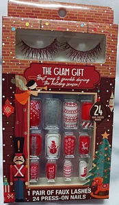 1 PAIR RED FAUX GLITTER LASHES 24 HOLIDAY THEMED PRESS ON NAILS THE GLAM GIFT - Picture 1 of 11