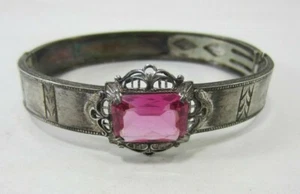 Antique Ostby Barton Sterling Silver & Pink Stone Bangle Bracelet - Picture 1 of 7