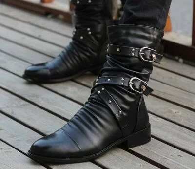 Moda motociclista punk plissado masculino rebites fivelas biqueira pontiaguda tornozelo sapatos tamanho - Imagem 1 de 4