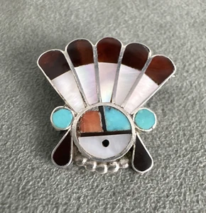 Old Pawn AWZU Sunface Turquoise Coral MOP Jet Inlay Pin Sterling Raindrops Multi - Picture 1 of 9