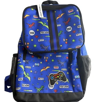 Kids Backpack Gamer Dinosaur Print Insulated School Bag Lunch Box Blue - Image 1 of 4