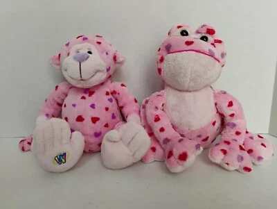 Webkinz Plush Pink Love Monkey HM343 & Love Frog HM144 Red & Purple Hearts - Image 1 of 4