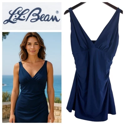 LL Bean Swimsuit Swimdress 18 Long 18L 1X 2X One Pc Navy Blue Slimming Cruise e - Image 1 of 4