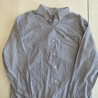 Izod Womens Button Down Striped Shirt Size Large Blue Logo Stylish Classic - Image 1 of 4