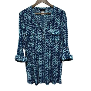 Cocomo Damen Bluse 3X blau geometrisches Muster fließend Stretch Strick Oberteil Rollriegelärmel - Bild 1 von 11