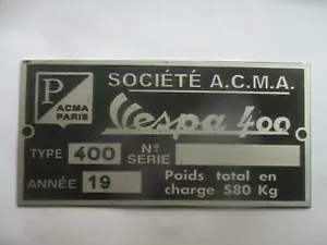 Vespa 400 ACMA A.C.M.A. PKW Kleinwagen auto ACMA Paris Schild Typenschild S62 - Bild 1 von 1