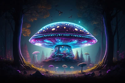 Tapiz UV Mushroom OVNI, tapiz psicodélico reactivo a luz negra, arte trippy Foto 1 de 4