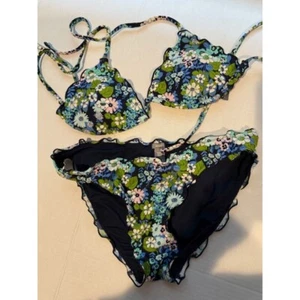 Aerie Floral Ruffle Trim Bikini Swimsuit Blue Green Pink Sz S Bottoms M top 1835 - Picture 1 of 5