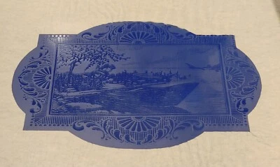 Antiguo VICTORIANO Grabado al Ácido VIDRIO DE COBALTO Mujer en Barco Paisaje ENMARCADO Foto 1 de 4