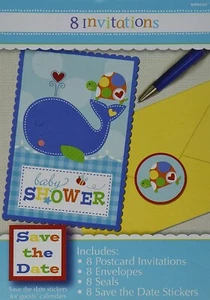 8 x Ahoy Blue Baby Shower Invitations With Save the Date Stickers - Picture 1 of 1