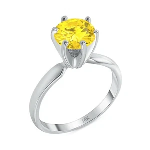 2 Ct Round Yellow Canary Solid 14K White Gold Solitaire Engagement Wedding Ring - Picture 1 of 3