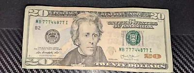 US. $20 Dollar Bill - Serial Number: MB 77744877 I - Series 2013 Extremely Rare - Image 1 of 2