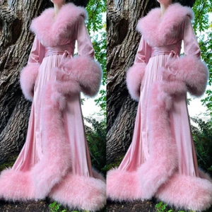 Women's Bathrobe Pink Fur Collar Fashion Gorgeous Bathrobe Custom - Picture 1 of 15