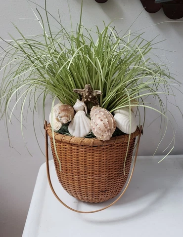Nantucket Basket Decorated With Seashells & Artificial Seagrass Cover