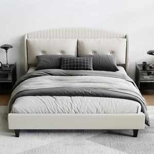 King Size Bed Frame Velvet Upholstered King Bed Vertical Channel Tufted Wingback - Picture 1 of 9