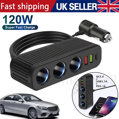 3 Way Multi Socket Car Cigarette Lighter Splitter USB Charger Adapter 12V 24V UK - Image 1 of 4