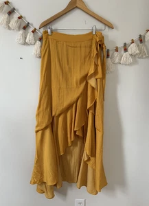 Falda midi envolvente con volantes Anthropologie Maeve en amarillo mango coqueta boho fluida S - Imagen 1 de 12