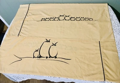 Vtg MCM Springmaid Owl & Owls  Alex West Tan & Black King Size Pair Pillowcases - Image 1 of 4