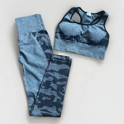 Conjunto de ropa deportiva para mujer gris negro camuflaje leggings sujetador deportivo elástico cintura alta Foto 1 de 4