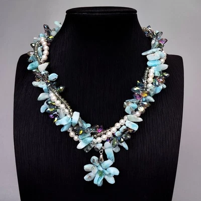 Collar llamativo de 4 hebras Larimar concha de mar blanco cristal torsade Foto 1 de 4