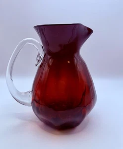 Foster Holcombe Ruby Red Hand-Blown Art Glass Pitcher Signed 2003 Clear Handle - Picture 1 of 18